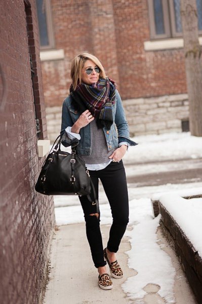 blue denim jacket with checked scarf and canvas slip-on shoes with leopard print