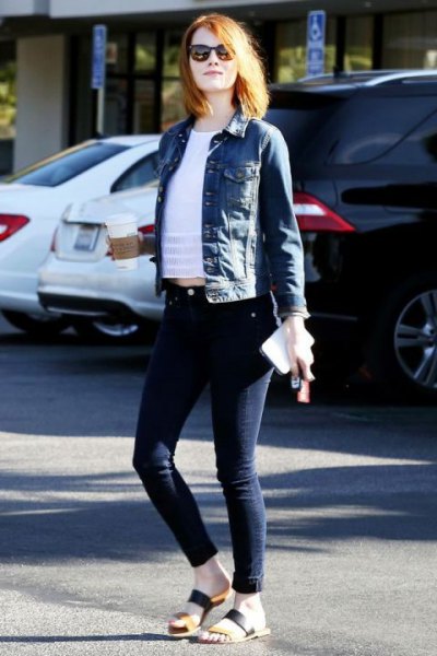 blue denim jacket with white, short t-shirt and dark jeans