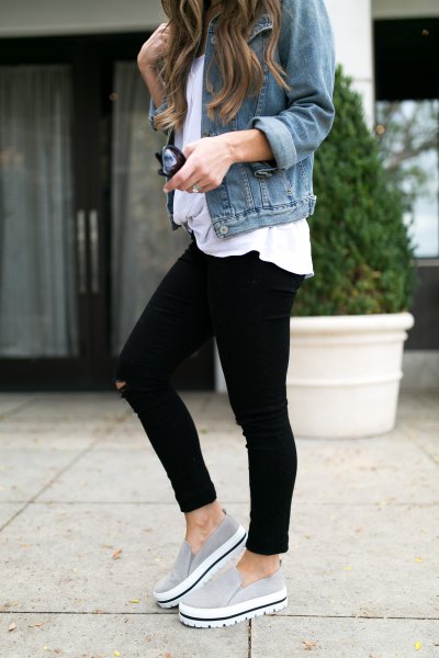 blue denim jacket with white t-shirt with relaxed fit and gray canvas platform sneakers