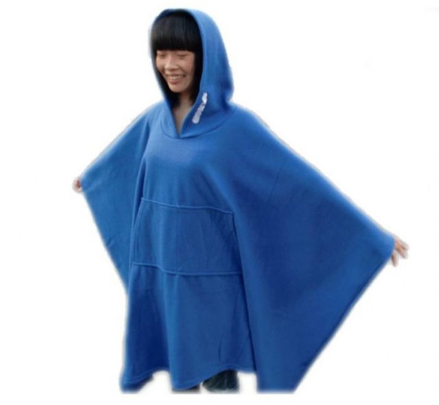 blue fleece hooded poncho