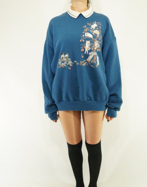 blue sweatshirt dress with floral pattern and collar