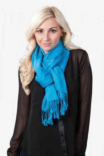 blue fringed scarf with white chiffon mini dress