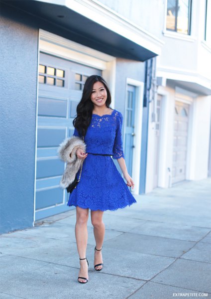 blue mini skater dress with ruched waist and ruched waist