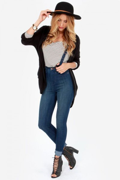 blue high waisted suspender jeans with black cardigan