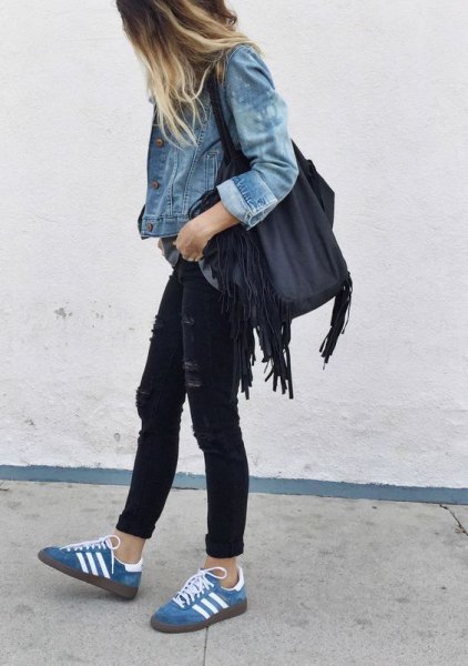blue jacket with black skinny jeans with casual jeans casual shoes