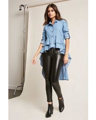 blue multilayer peplum high low shirt leather leggings