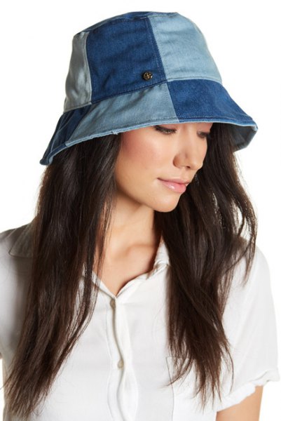 Blue Patch Denim Bucket Hat with white polo shirt and cargo pants