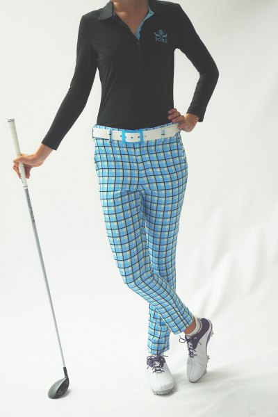 blue checkered golf trousers black polo shirt