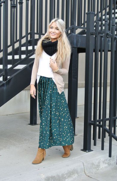 blue dotted maxi skirt white sweater