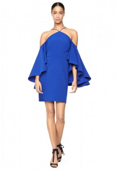 blue mini dress with halter neck with ruffle sleeves