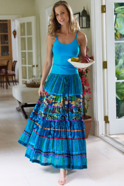 blue tank top with scoop neckline and matching pleated skirt for maxi gypsies