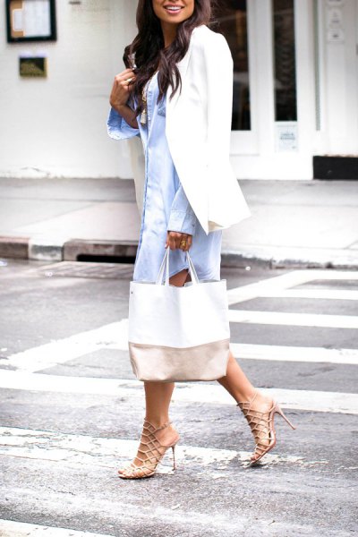 blue shirt dress with white blazer and strappy heels