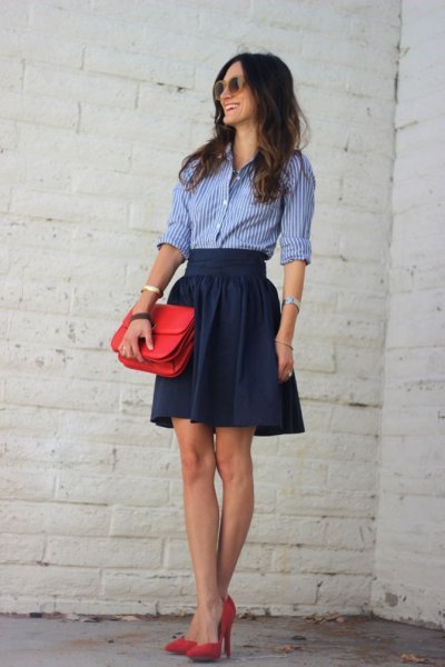 blue shirt navy belt skater mini skirt