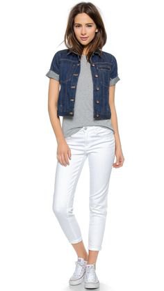 blue denim jacket with short sleeves and white jeans