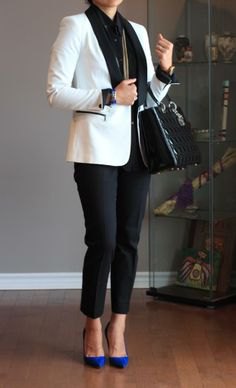 blue suede heels with white shirt and white blazer