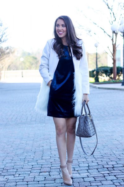 blue velvet dress white faux fur coat