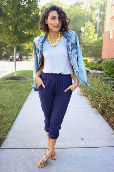 blue washed denim jacket with blue cut waist trousers and thong sandals
