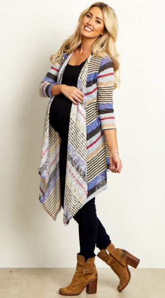 blue white and red pointed long maternity cardigan with black vest