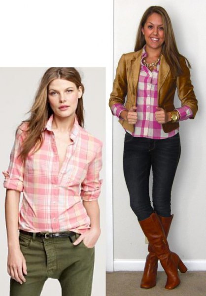 blushing and white plaid shirt with green skinny jeans