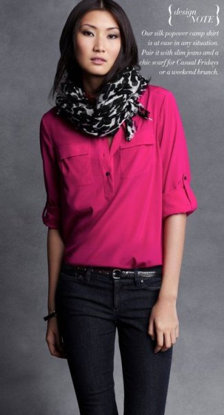 blushing chiffon blouse with half sleeves and a black and white printed scarf