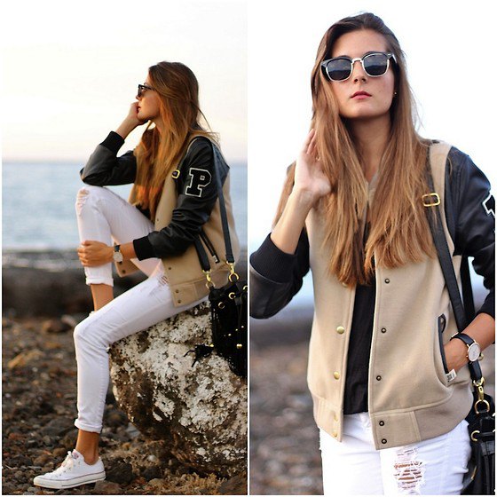 blush pink and black leather two-tone college jacket with white jeans