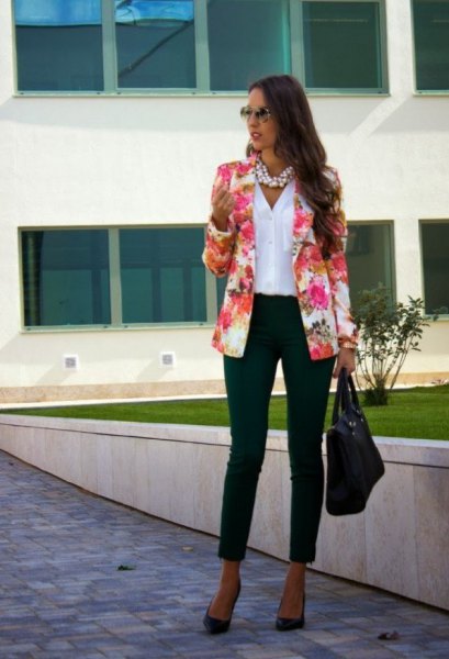 Blushing pink blazer with a white linen shirt and black ankle jeans