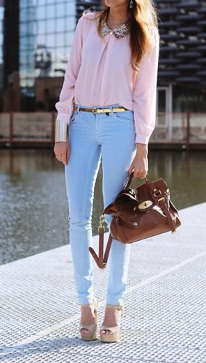 blush pink blouse with light blue narrow pants