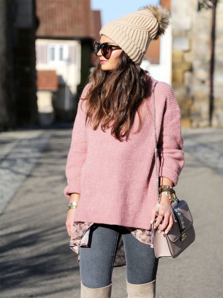 Blush pink cashmere sweater with a knitted hat and over the knee boots