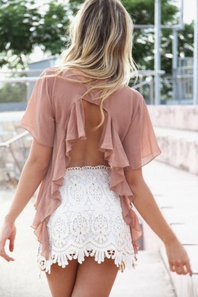 Rouge pink chiffon neckline at the back with white lace mini skirt