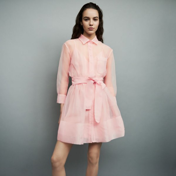 blush pink chiffon semi transparent mini flared shirt dress