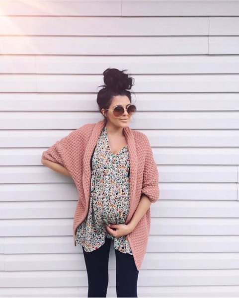 blushing pink crocheted knit maternity cardigan with floral shift dress