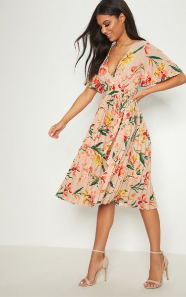blush pink deep v-neck pleated chiffon dress with floral print and open toe heels