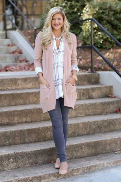 blush pink feather duster sweater with a blue and white checked tunic top