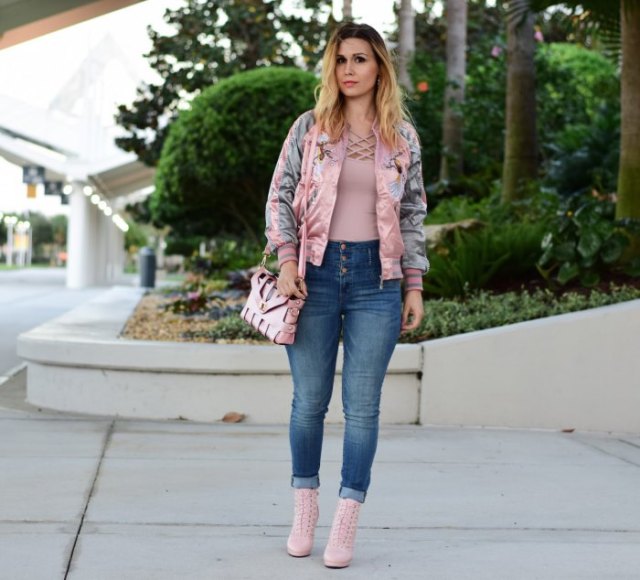 blushing pink embroidered bomber jacket with crossed top