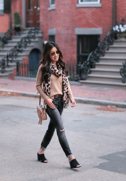blushing pink fitted sweater with scarf with leopard print