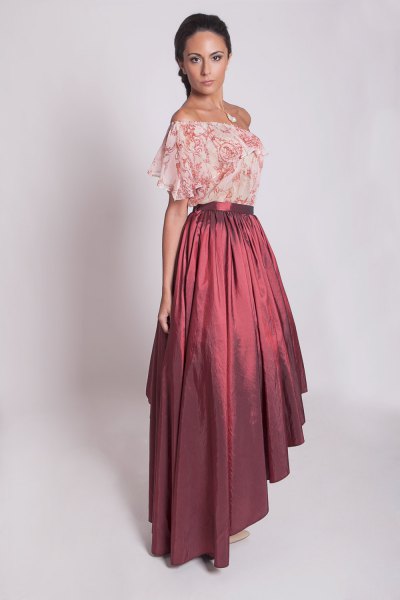 Blush pink floral chiffon off the shoulder with maxi taffeta skirt