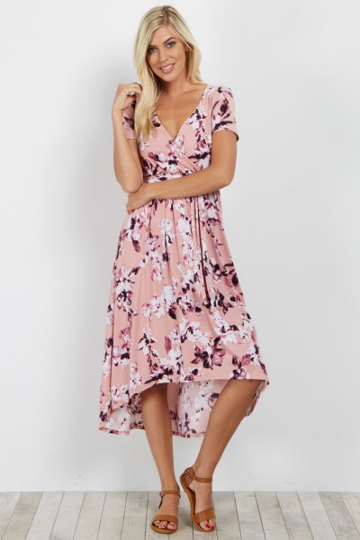 blush pink midi flared wrap dress with floral pattern