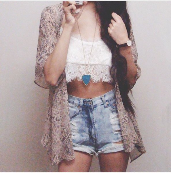 blushing pink lace cardigan with crop top and denim shorts