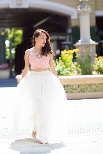 Blush the short pink lace camisole with the white long tulle skirt