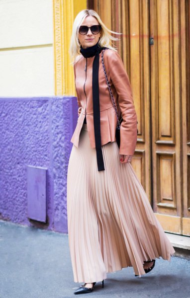 Rouge pink leather jacket with rose gold colored maxi pleated skirt