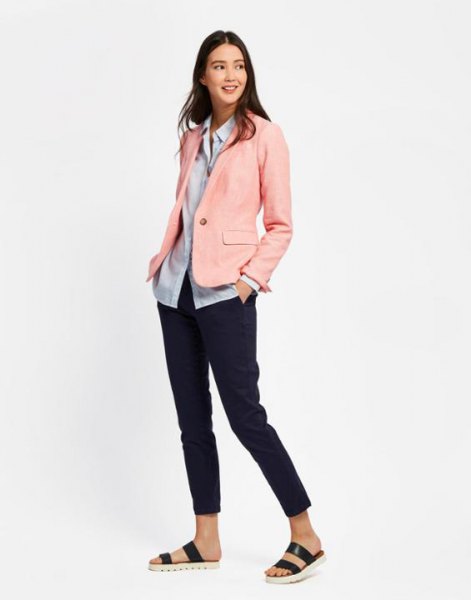 Blushing pink linen blazer with a light blue shirt and slide sandals