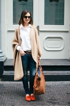 blushing pink longline cardigan with white shirt and red slippers