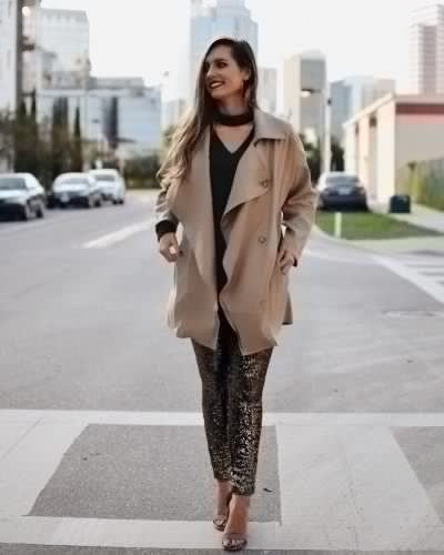 blushing pink longline trench coat with pantyhose with leopard print