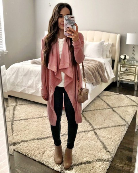 blush pink longline waterfall cardigan with black skinny jeans and camel boots