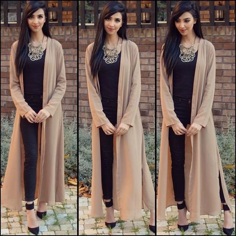 blushing pink maxi cotton cardigan with black vest and statement chain