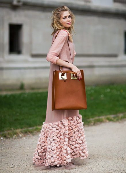 blushing pink maxi chiffon jacket with floral embroidery and brown leather shoulder bag