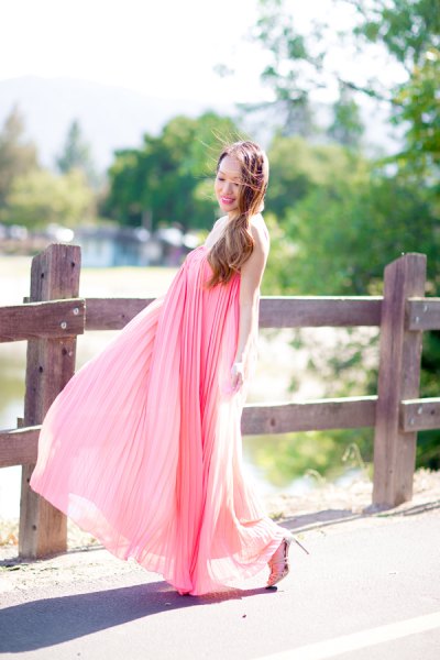 blush pink maxi pleated flared dress
