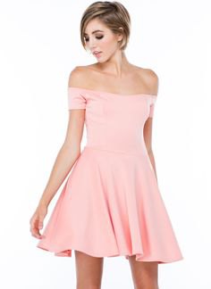 blush pink off shoulder skater dress