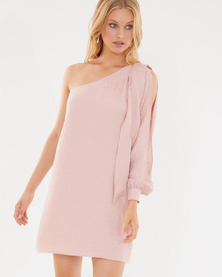 blush pink one-sleeved, loose-fitting sheath dress