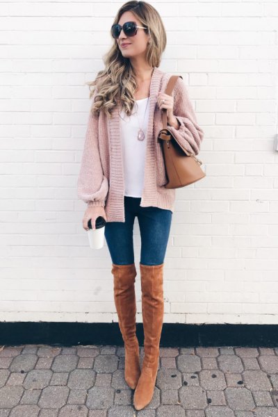 Blush pink sweater with camel thigh boots